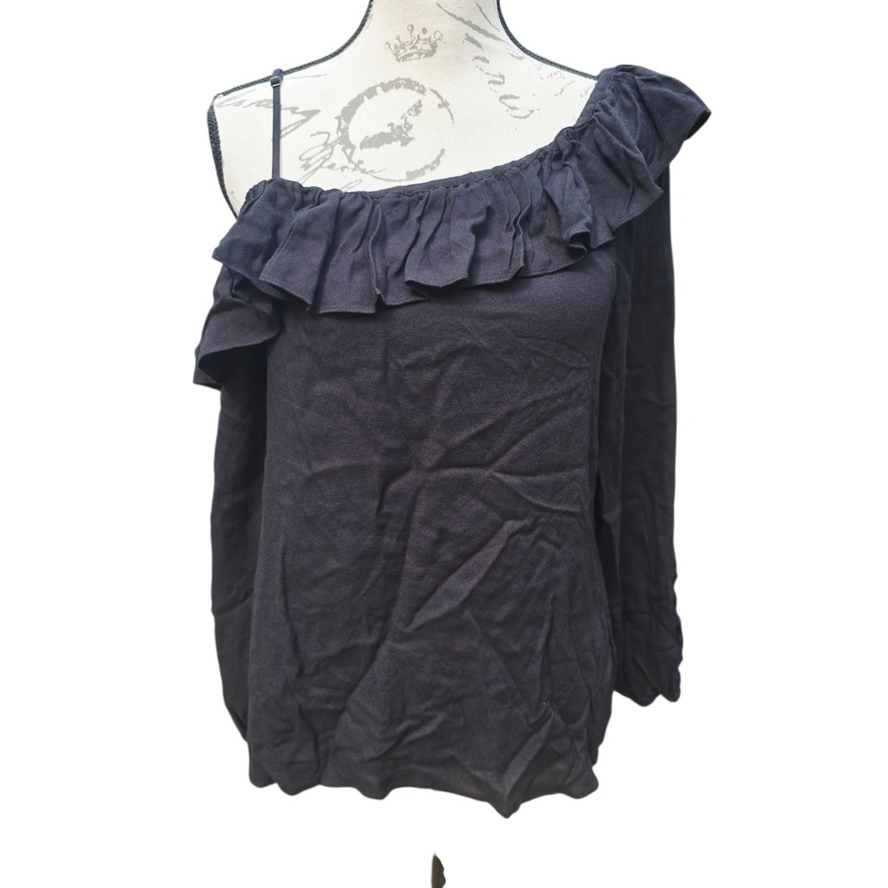 Ella Moss -530 NWT Black One Shoulder Ruffle‎ Long Sleeve Blouse Top Medium